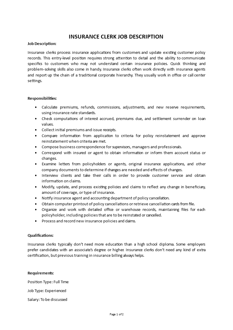 insurance clerk job description Main Image insurance clerk job description