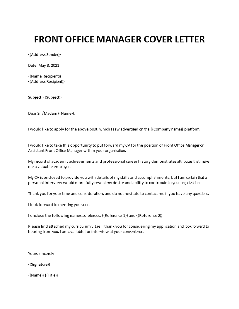 front office manager cover letter sample