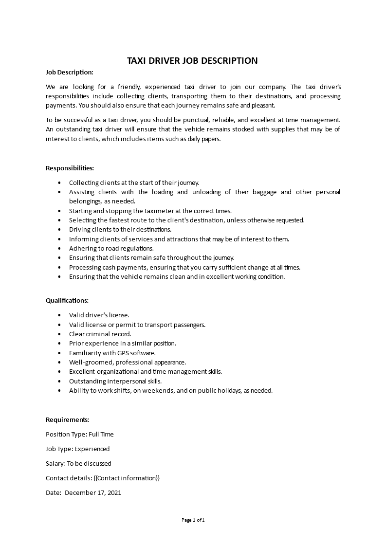 taxi driver job description