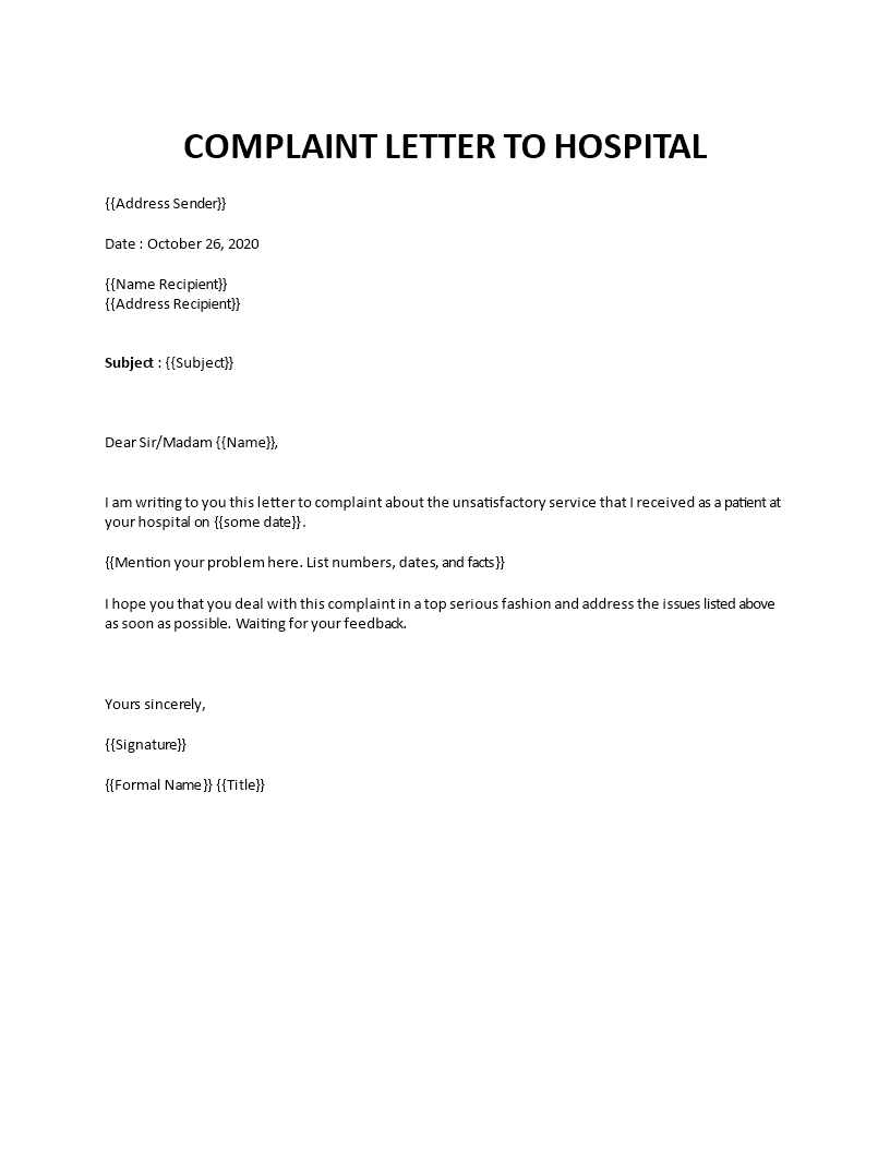 Complaint letter to Hospital