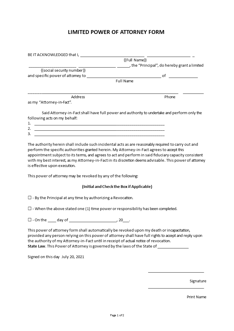 limited power of attorney form template
