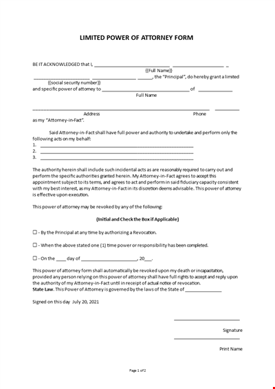 Limited Power Of Attorney Form