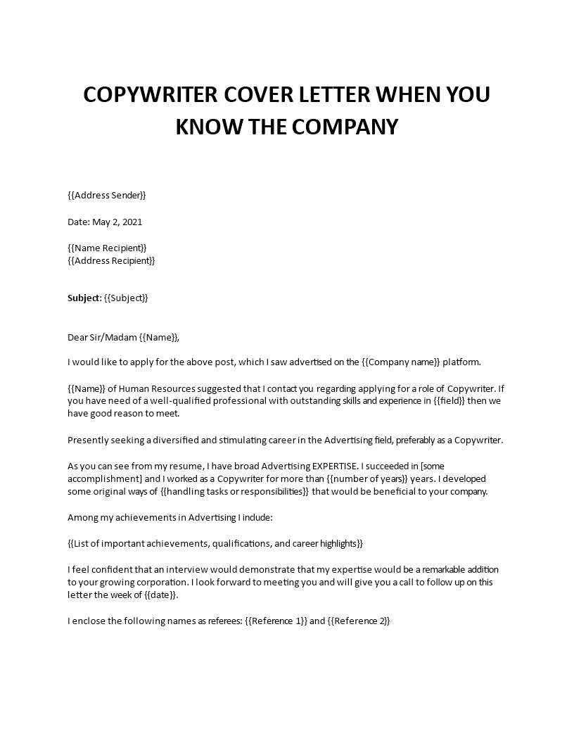 copywriter cover letter  template