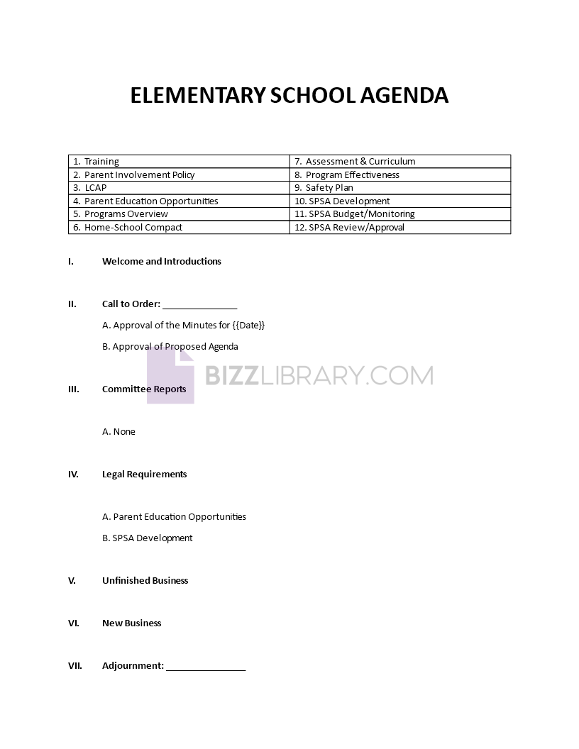 elementary school meeting agenda