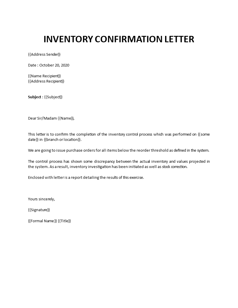 inventory confirmation letter