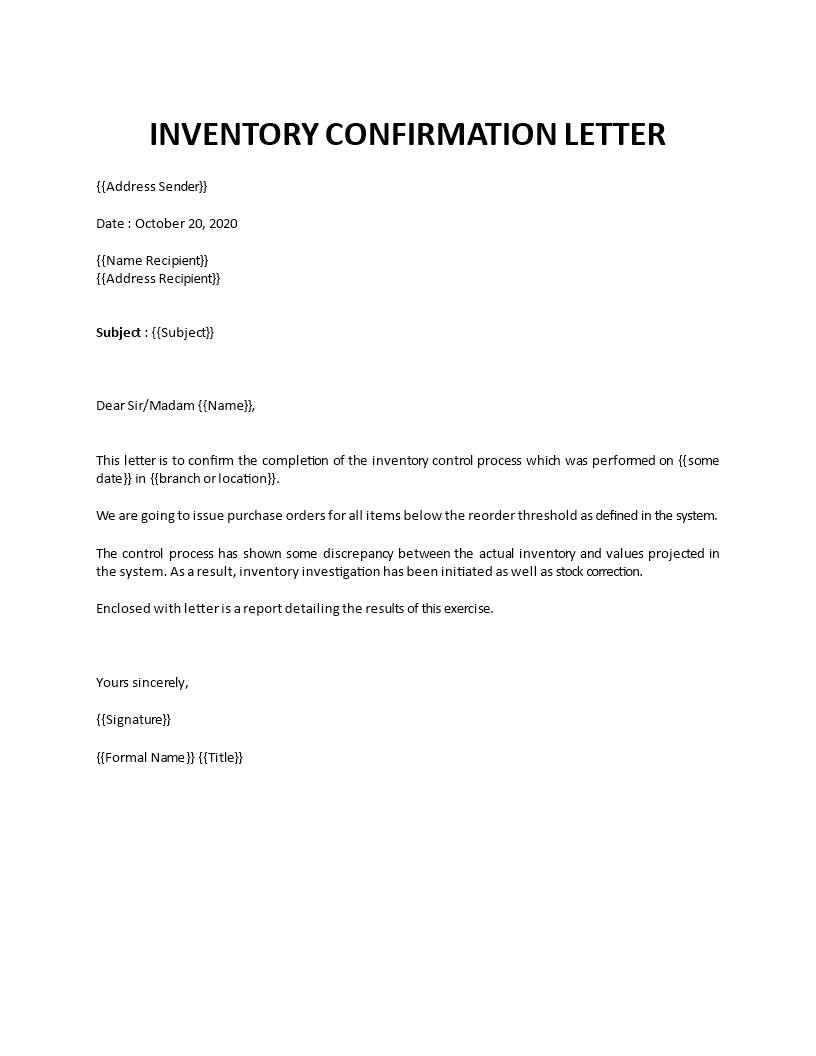 Inventory Confirmation Letter