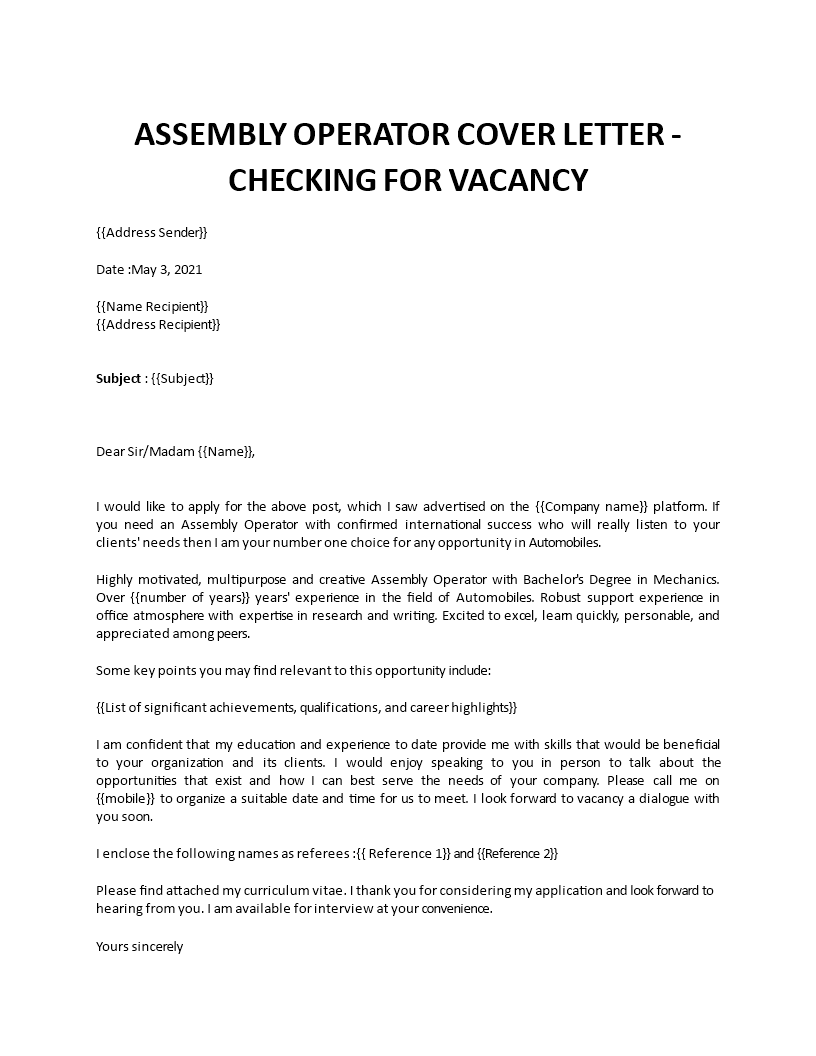 assembly operator cover letter