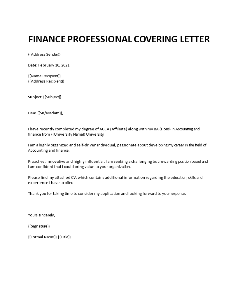 finance professional covering letter