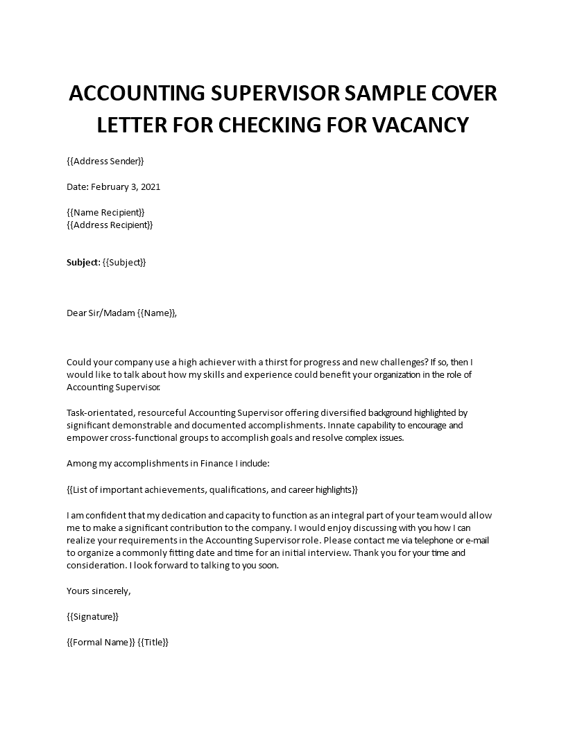 accounting supervisor cover letter template