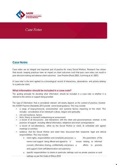 Social Work Case Information Practice Notes