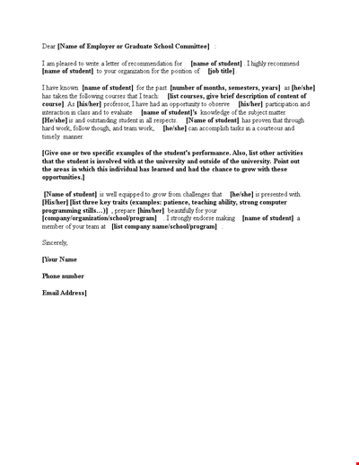 Letter of recommendation for student