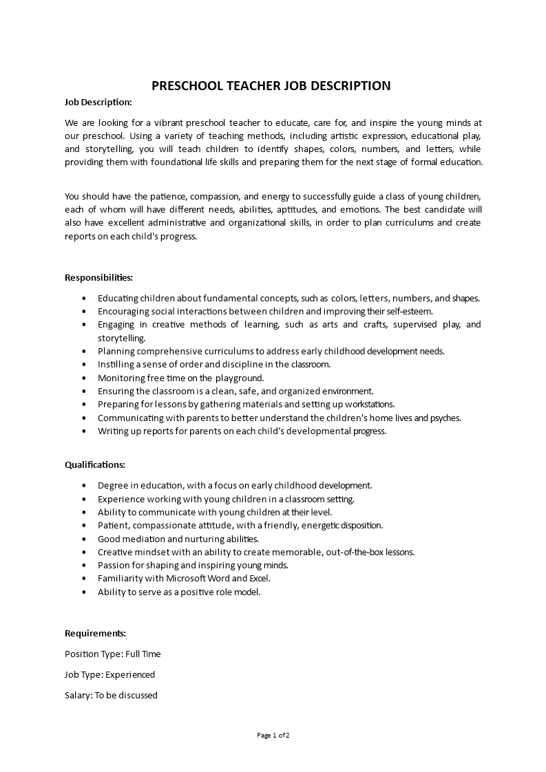 lead preschool teacher job description