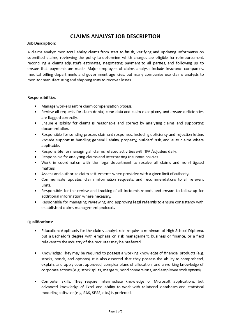 claims analyst job description Main Image claims analyst job description template