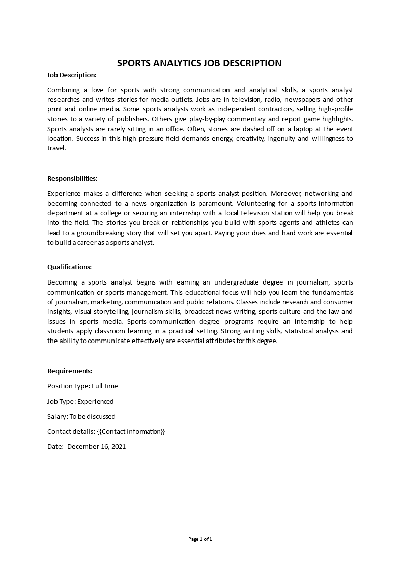 sports analyst job description