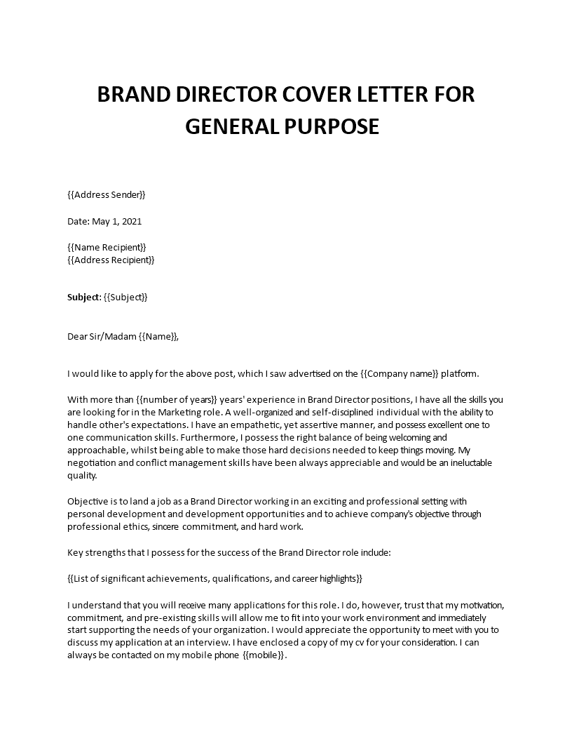 brand director cover letter  template