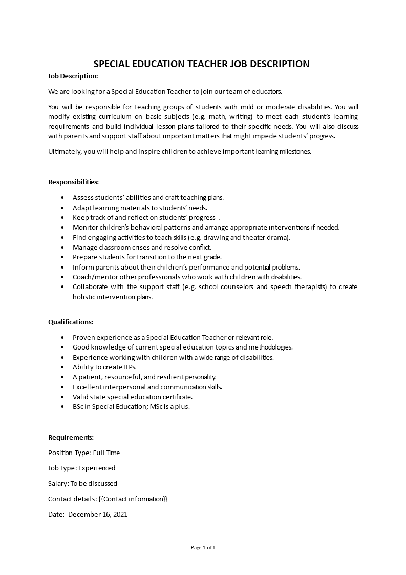 special education teacher job description