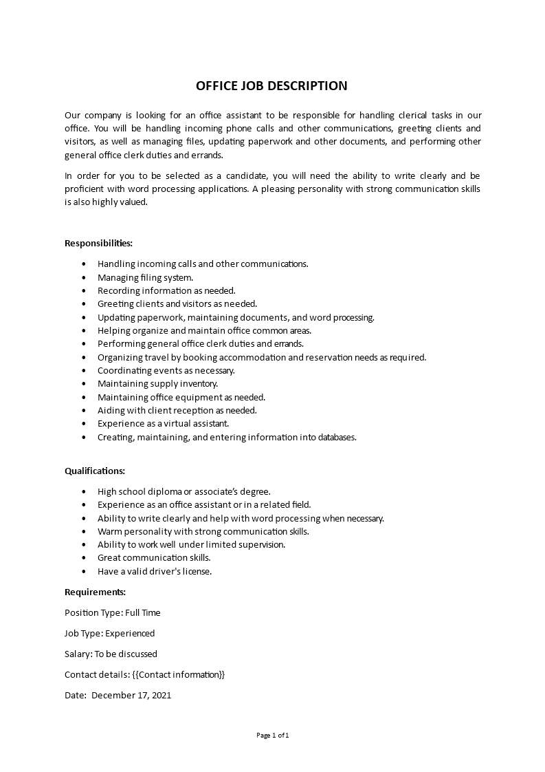 office job description