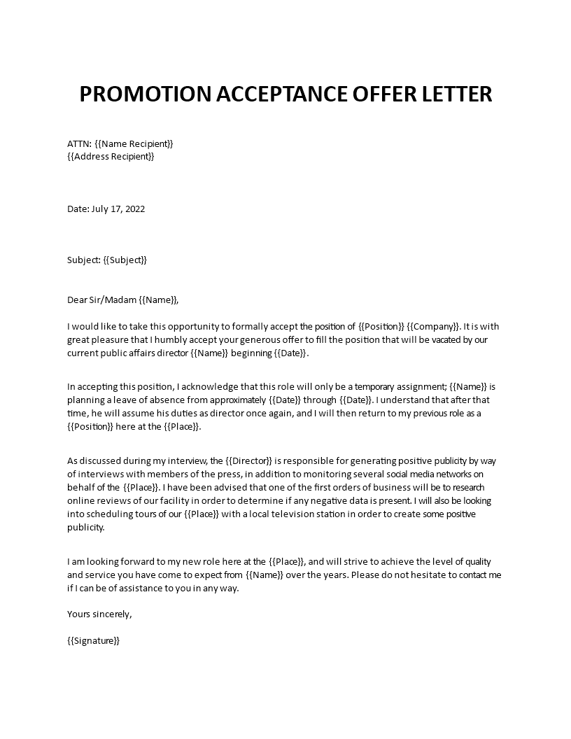 job promotion acceptance letter template