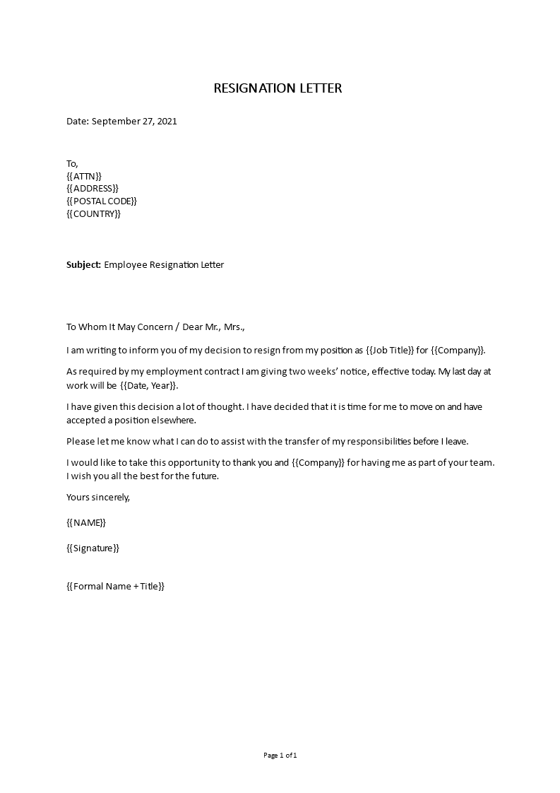 Resignation letter format