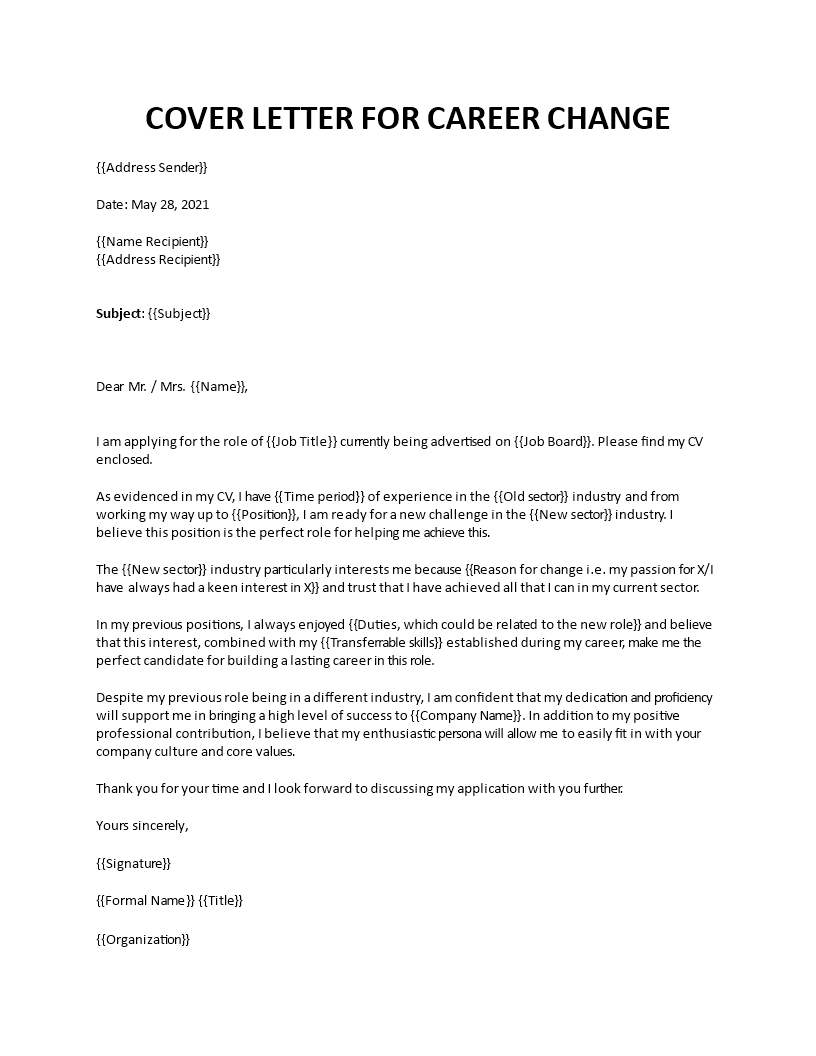 cover letter for career change template
