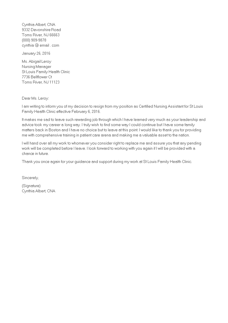 Certified Nurse Assistant Resignation Letter