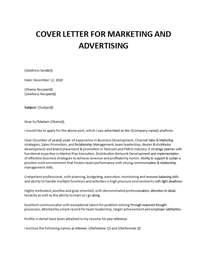 marketing and advertising cover letter template