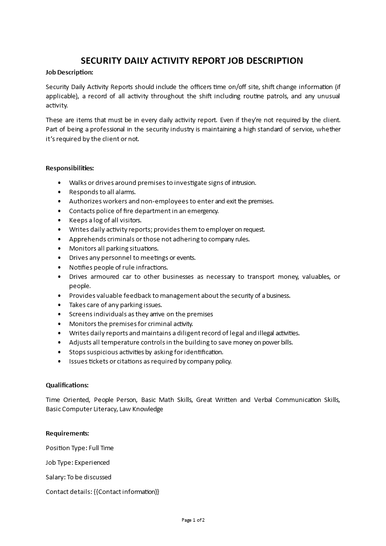 security daily activity report job description