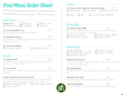 Order Sheet Template for Pool Menu: Salad, Fries, Cheese, Sweet Options