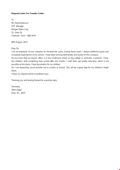 Request For Employee Transfer Letter Template
