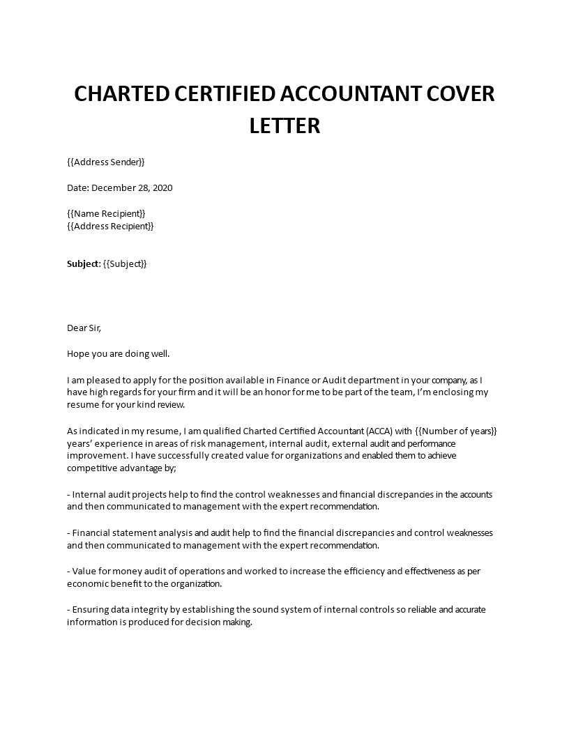 charted certified accountant cover letter template
