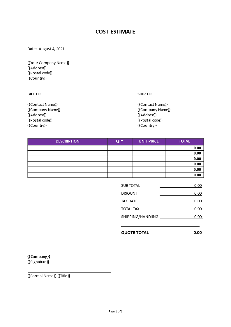 cost estimate template