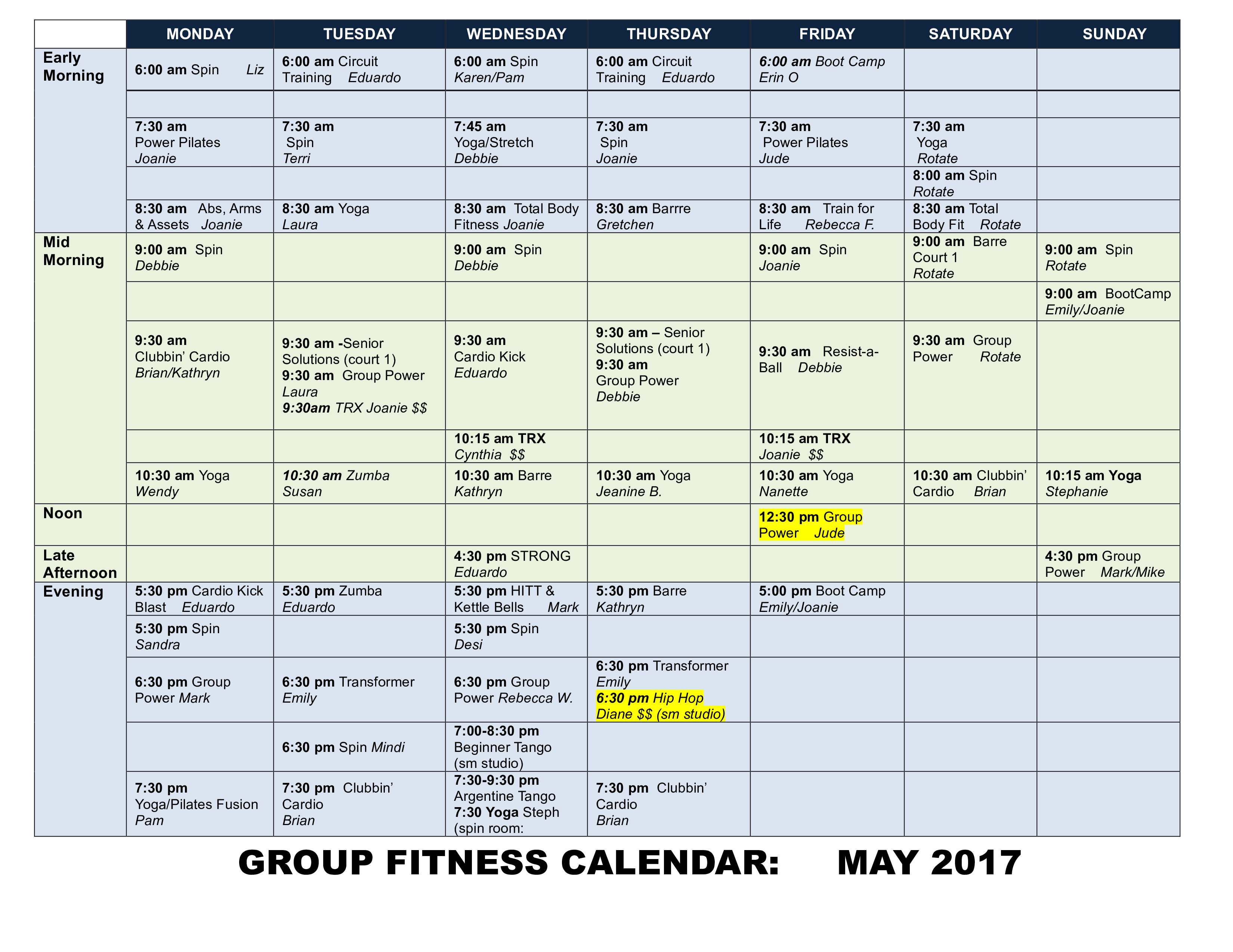 Group Fitness Calendar
