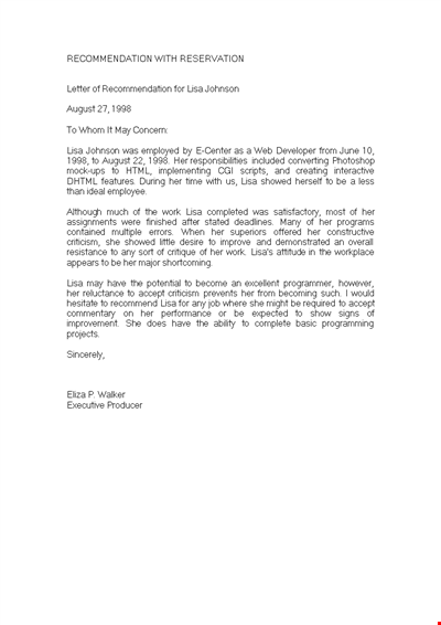 Free Recommendation Letter Template from Manager | August Johnson Showed