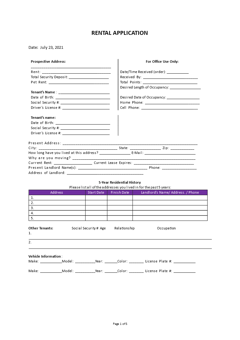 rental application template form template