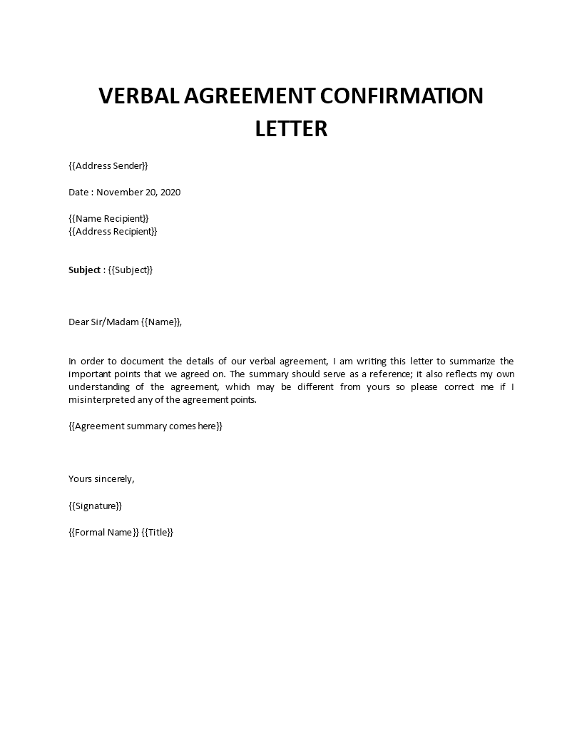 agreement confirmation letter