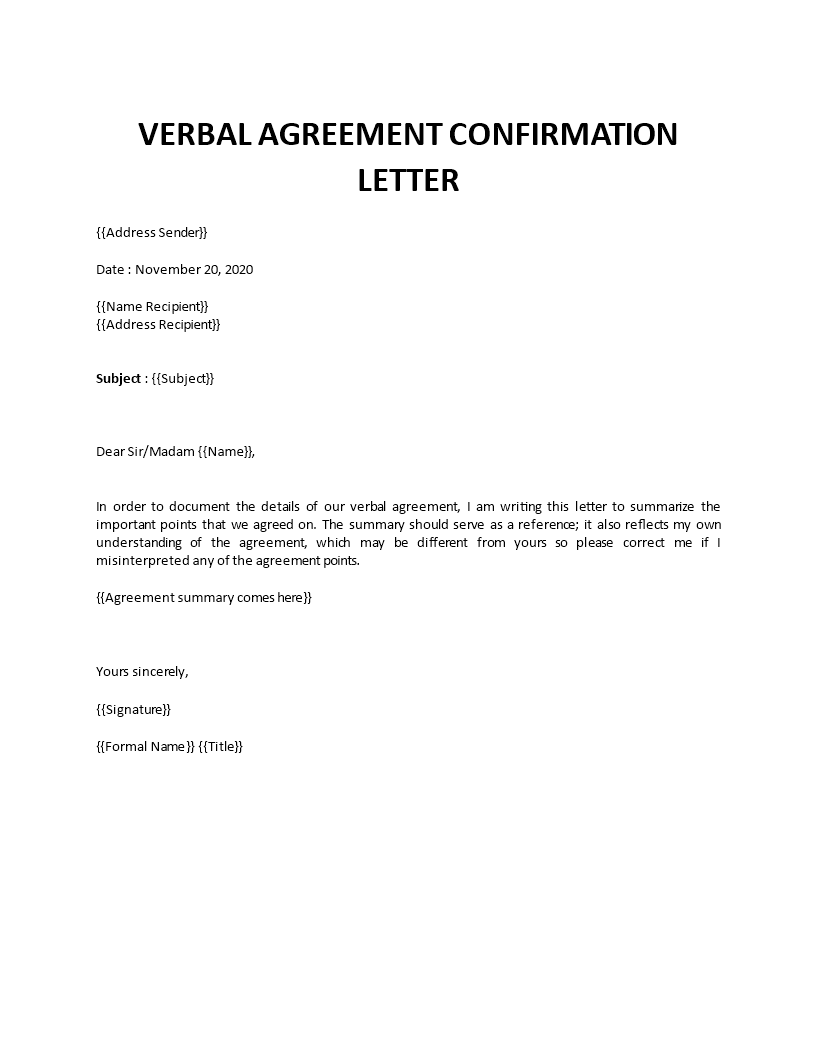 Agreement confirmation letter