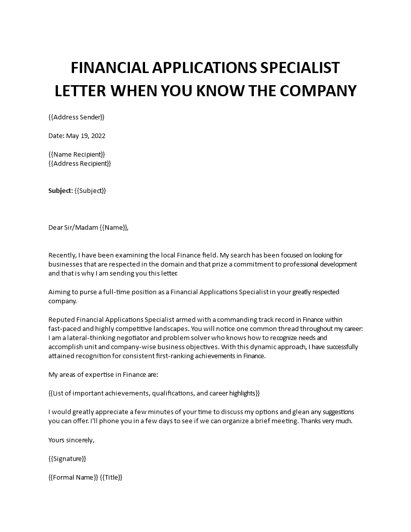 financial applications specialist cover letter template