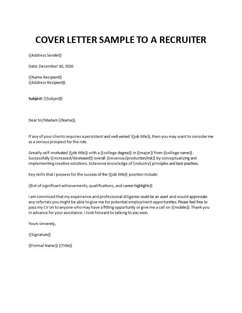 cover letter sample to a recruiter template