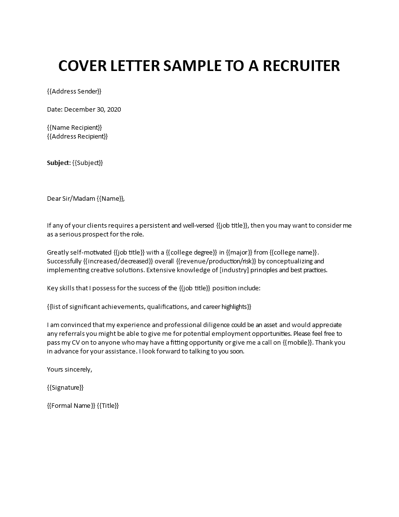 sample cover letter for a recruiter position