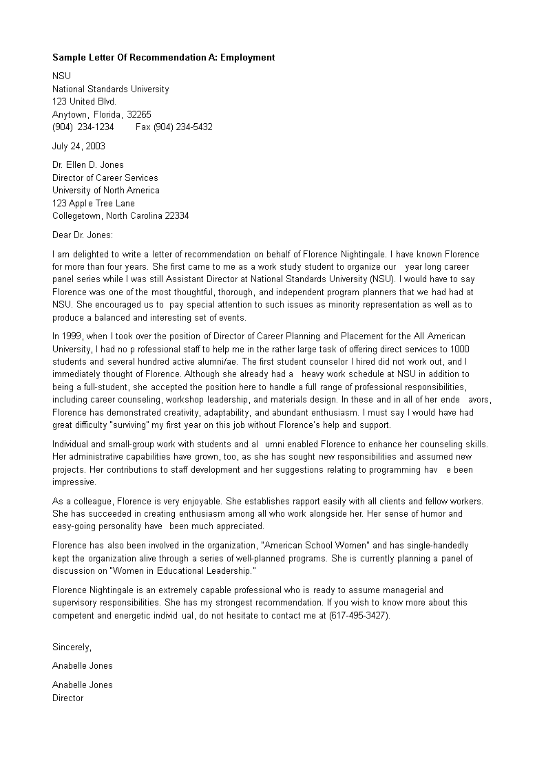 Personal Letter Of Recommendation For Employment