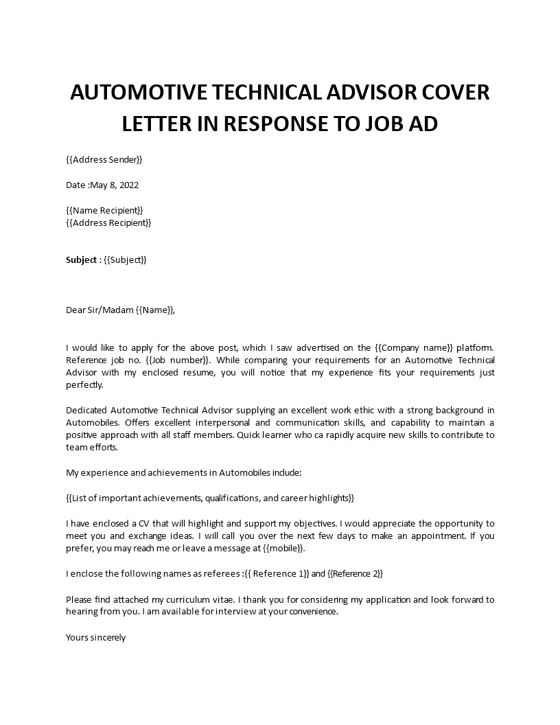 automotive technical advisor cover letter template
