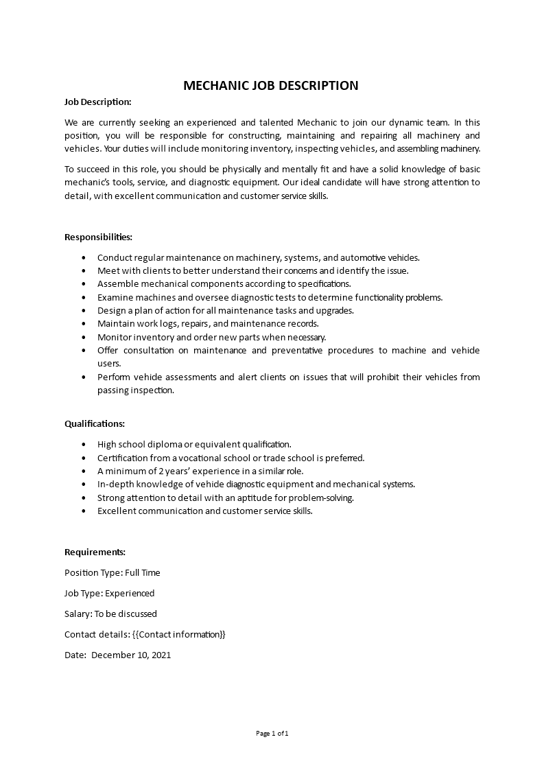 mechanic job description