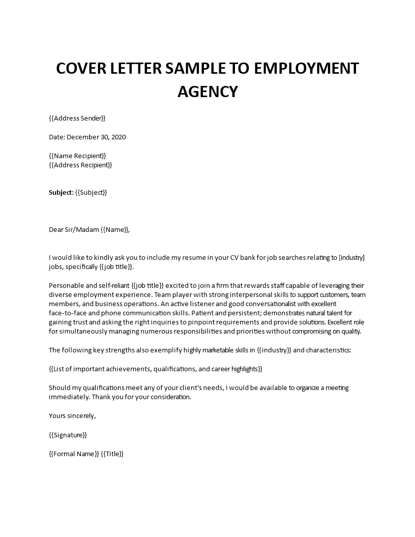 Cover letter to recruitment agency example