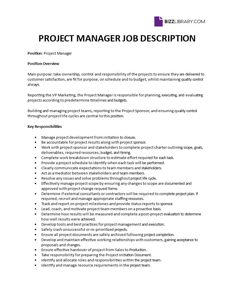 project manager job description template