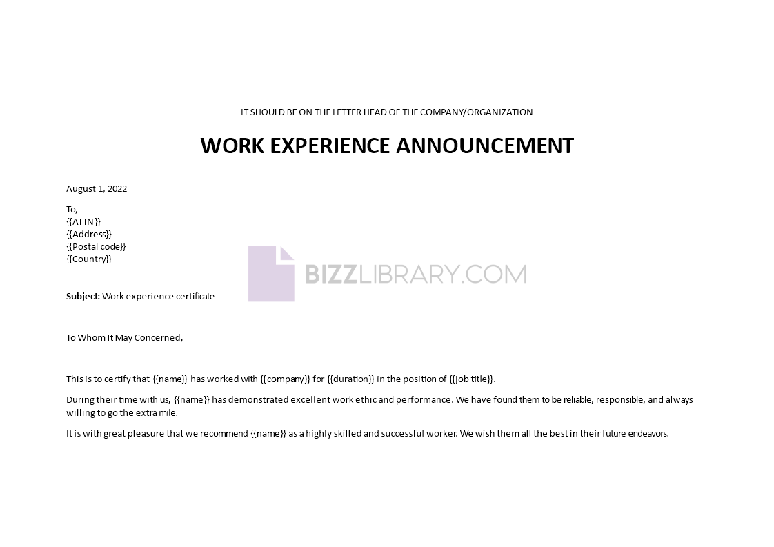 work experience certificate template template