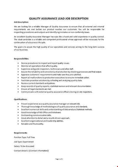 Quality Assurance Lead Job Description