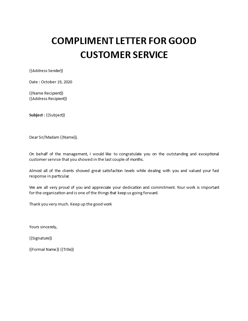 compliment letter for good customer service