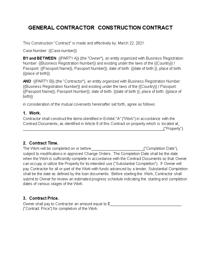  general contractor construction contract template