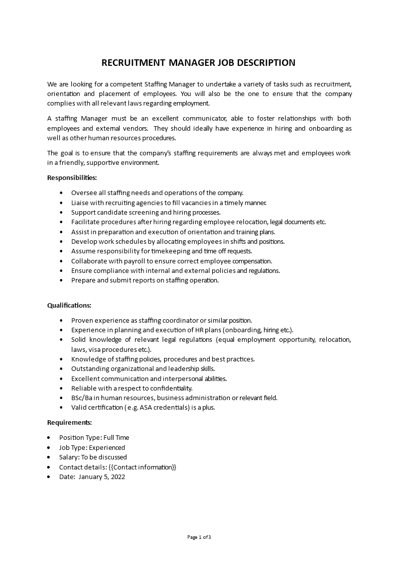 recruitment manager job description template