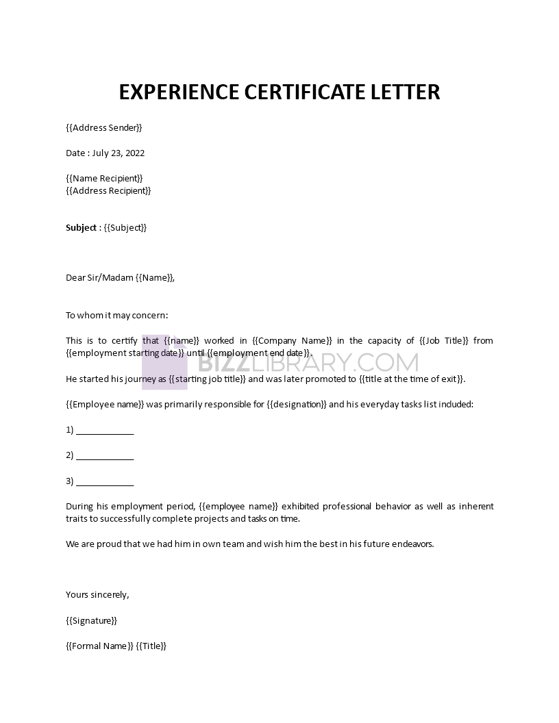 experience certificate letter